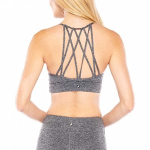 We LOVE this unique gym bra! Featuring a Heather Grey color, with a faux wrap design in front, and a strappy back design. One of a kind!