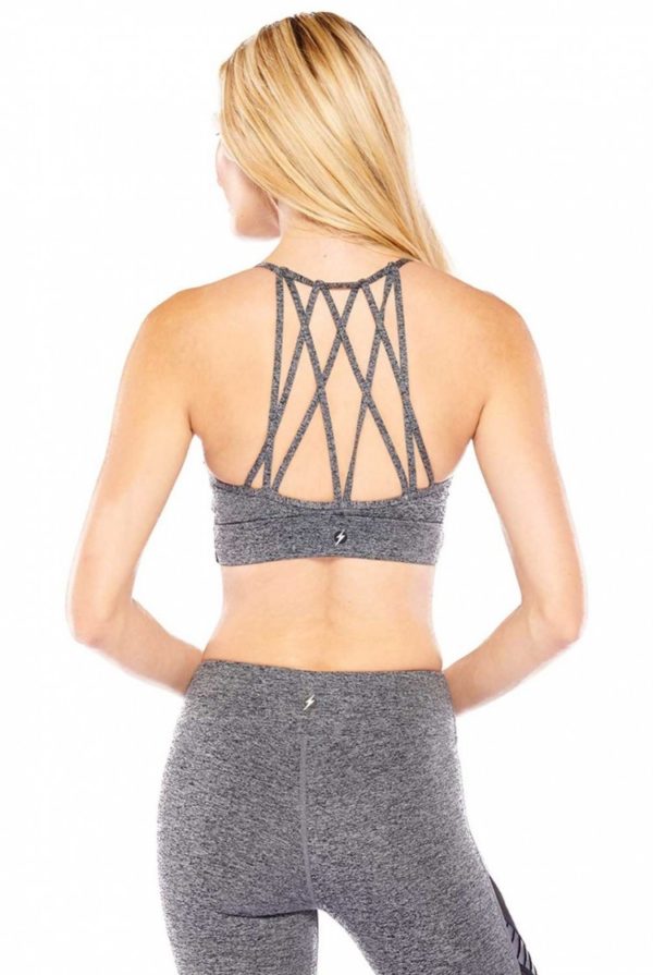 We LOVE this unique gym bra! Featuring a Heather Grey color, with a faux wrap design in front, and a strappy back design. One of a kind!